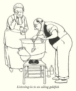 Lyssnar in på en sjuk guldfisk (litho) av William Heath Robinson