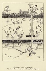 Magnetiska hjälpmedel för skridskoåkare som ska installeras i Londons parker under skridskosäsongen. av William Heath Robinson