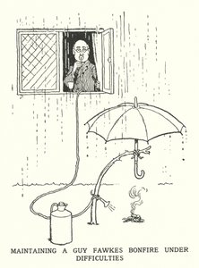 Upprätthålla en Guy Fawkes Bonfire Under Difficulties (litho) av William Heath Robinson