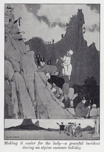 Att göra det lättare för damen, en graciös incident under en alpin sommarsemester (litho) av William Heath Robinson