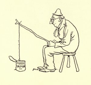 Man som fiskar efter konserverad lax av William Heath Robinson