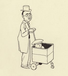 En man som knuffar en pojke i en låda av William Heath Robinson