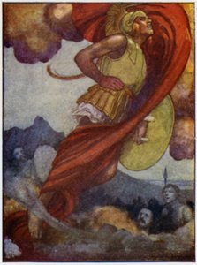 Mars, som ett åskmoln, svepte uppåt genom himlen till Olympus (färg litho) av William Heath Robinson