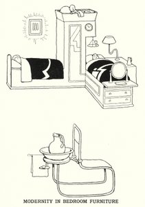 Modernitet i sovrumsmöbler (litho) av William Heath Robinson