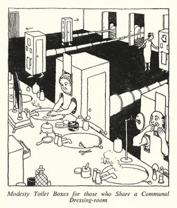 Modesty Toalettboxar för de som delar ett gemensamt omklädningsrum (litho) av William Heath Robinson