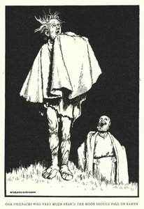 En Fenace som fruktade att månen skulle falla på jorden (litho) av William Heath Robinson