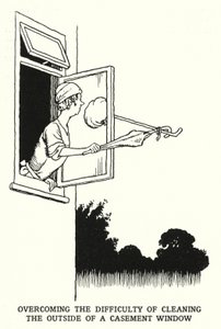 Att övervinna svårigheten att rengöra utsidan av ett bågfönster (litho) av William Heath Robinson