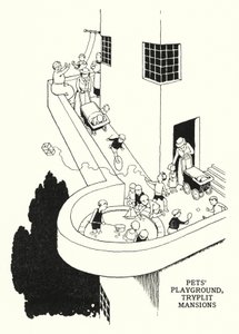 Lekplats för husdjur, Tryplit Mansions (litho) av William Heath Robinson