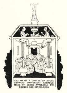 Sektion av ett ombyggt hus, som visar bekvämt arrangemang av tillgängligt utrymme för lounge och matsal (litho) av William Heath Robinson