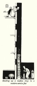 Skickar upp en fårkotlett i en modern servicelägenhet (litho) av William Heath Robinson