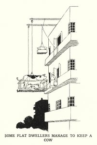 Vissa lägenhetsbor lyckas hålla en ko (litho) av William Heath Robinson