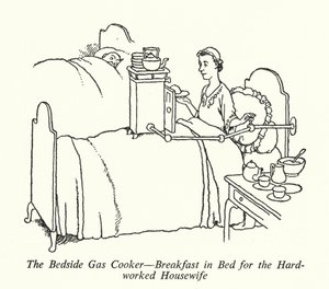 Gasspisen vid sängen, frukost på sängen för den hårt arbetade hemmafrun (litho) av William Heath Robinson
