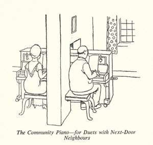 The Community Piano, för duetter med grannar (litho) av William Heath Robinson