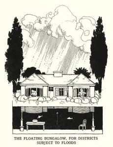 Den flytande bungalowen, för distrikt som är utsatta för översvämningar (litho) av William Heath Robinson