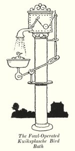 Det fågeldrivna Kwiksplasche fågelbadet (litho) av William Heath Robinson