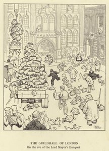 Guildhall i London, kvällen före borgmästarens bankett. av William Heath Robinson