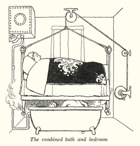 Det kombinerade badrummet och sovrummet (litho) av William Heath Robinson