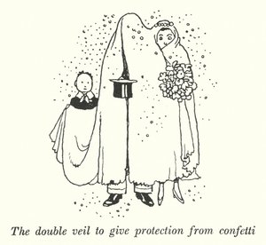Den dubbla slöjan för att ge skydd mot konfetti (litho) av William Heath Robinson