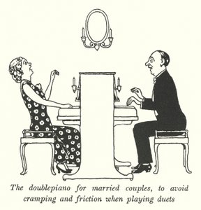 Dubbelpianot för gifta par, för att undvika kramp och friktion när du spelar duetter (litho) av William Heath Robinson
