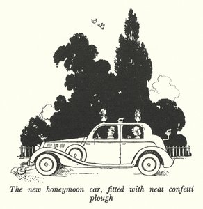Den nya smekmånadsbilen, försedd med snygg konfettiplog (litho) av William Heath Robinson