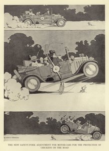 Den nya säkerhetsgaffeljusteringen för bilar för skydd av kycklingar på vägen av William Heath Robinson
