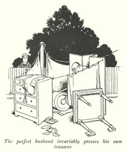 Den perfekta mannen pressar alltid sina egna byxor (litho) av William Heath Robinson