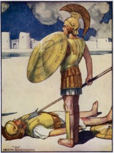Dödens skugga kom ner över Hector (färg litho) av William Heath Robinson