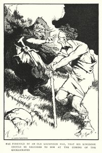 Blev förutsagt av en gammal Lourpidon-hagling att hans kungadöme skulle återställas till honom vid ankomsten av Cocklicranes (litho) av William Heath Robinson