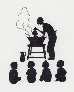 Tvätta bebisar (litho) av William Heath Robinson