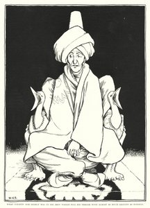Det som gladde honom mycket var att se Abou Hassan fylla sin tron med nästan lika mycket gravitation som han själv (gravyr) av William Heath Robinson