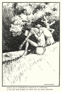 Medan glada följeslagare bär det tillsammans, ett fikon för stormen, ger det vika för bra väder (litho) av William Heath Robinson