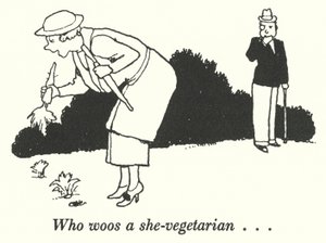 Vem uppvaktar en hon-vegetarian (litho) av William Heath Robinson