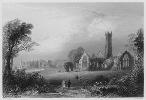 Augustinian Abbey, Adare, med slottet Fitzgeralds och Francescan Abbey (gravyr) av William Henry (after) Bartlett