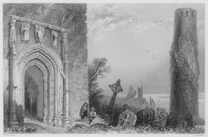 Ingångsdörren till Temple Mc Durmot, Clonmacnoise (gravyr) av William Henry (after) Bartlett
