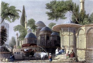 Fontän och moské i Chahzade, graverad av Roberts Sands (1792-1855) omkring 1850 (akvatint)