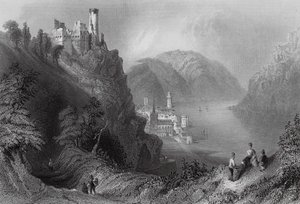Oberwesel och slottet Schomberg (gravyr) av William Henry (after) Bartlett