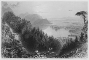 The Lower and Torc Lakes, Killarney, från Torc Waterfall (gravyr) av William Henry (after) Bartlett