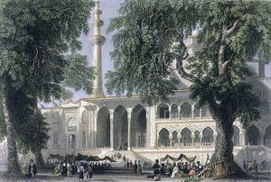 Yeni Djami, eller Sultana Valide-moskén, Istanbul, graverad av J.C. Varrall, ca 1850 (akvatint)