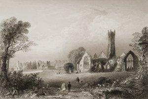 Augustinian Abbey i Adare, County Limerick, Irland, från "Scenery and Antiquities of Ireland" av George Virtue, 1860-talet av William Henry Bartlett