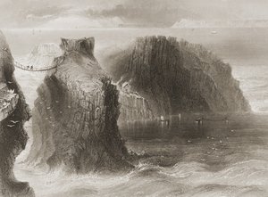 Carrick-a-Rede Rope Bridge, County Antrim, Nordirland, från "Scenery and Antiquities of Ireland" av George Virtue, 1860-talet av William Henry Bartlett