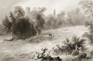 Castleconnell och Doonass Rapids, County Limerick, Irland, från "Scenery and Antiquities of Ireland" av George Virtue, 1860-talet av William Henry Bartlett