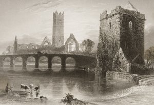 Clare Abbey, County Clare, Irland, från "Scenery and Antiquities of Ireland" av George Virtue, 1860-talet av William Henry Bartlett