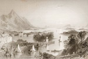 Clew Bay sett från Westport, County Mayo, från "Scenery and Antiquities of Ireland" av George Virtue, 1860-talet av William Henry Bartlett