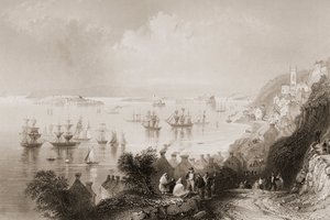 Cobh Harbour, Cork, Irland, från "Scenery and Antiquities of Ireland" av George Virtue, 1860-talet av William Henry Bartlett