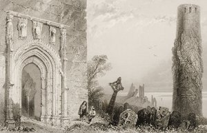 Dörröppning till ett tempel, Clonmacnois, County Offaly, Irland, från "Scenery and Antiquities of Ireland" av George Virtue, 1860-talet av William Henry Bartlett