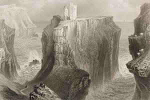 Dunseverick Castle, County Antrim, Nordirland, från "Scenery and Antiquities of Ireland" av George Virtue, 1860-talet