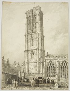 Exteriör av Temple Church, visar en internering, ca 1825 (penna och akvarell på papper) av William Henry Bartlett