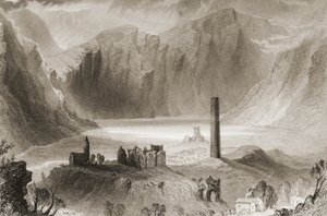 Glendalough, County Wicklow, Irland, från "Scenery and Antiquities of Ireland" av George Virtue, 1860-talet av William Henry Bartlett