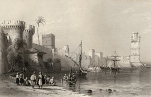 Rhodos hamn, Grekland, graverad av J.C. Armytage (1820-97)