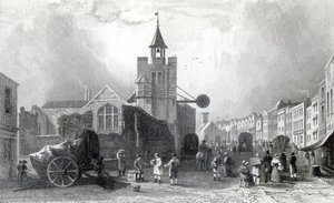 High St. med Church of St. Nicholas, Colchester, Essex, graverad av Charles Mottram, 1831 (gravyr) av William Henry Bartlett